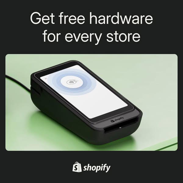 The ad features a promotional offer from Shopify to give away free hardware for every store. The focal point of the imag