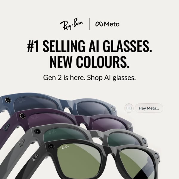 This ad showcases the new line of Ray-Ban Meta AI glasses, emphasizing new color options and the glasses' AI capabil
