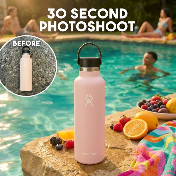 This image ad shows a before and after of a Hydro Flask water bottle, with the tagline '30 Second Photoshoot'. T