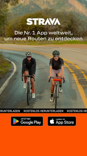 This image ad for Strava features two cyclists riding on a road with a mountain backdrop. The ad highlights Strava as th