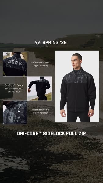 This ad showcases the ASRV DRI-CORE™ SIDELOCK FULL ZIP jacket, highlighting its key features like breathable, stretchy D