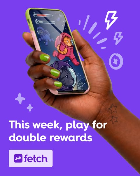 This image ad for Fetch highlights a limited-time promotion, encouraging users to play the app this week for double rewa