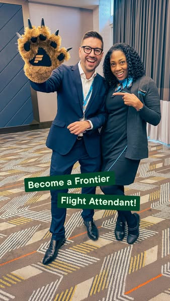 This image ad encourages viewers to apply to become a Frontier Airlines flight attendant. Two flight attendants are pict