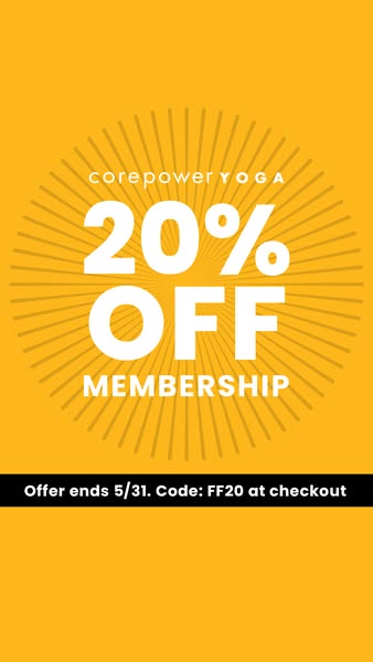 An image ad for CorePower Yoga offering 20% off membership if you use code FF20 at checkout. Offer ends 5/31.