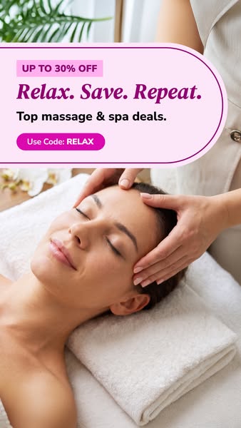 An image ad for spa and massage deals that invites customers to relax and save, using a discount code for up to 30% off.