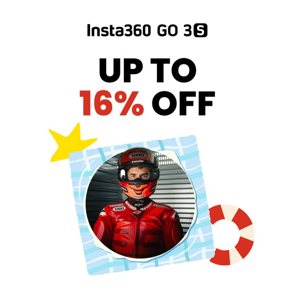 This ad from Insta360 promotes a sale offering up to 16% off their GO 3S action camera. The visual style is bright and p