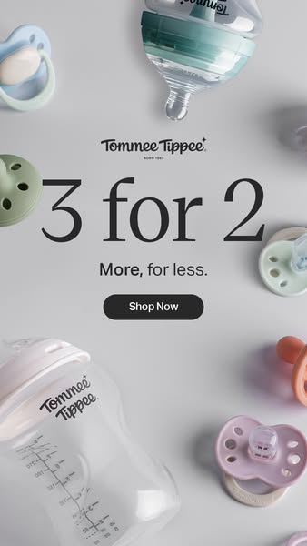 This image ad from Tommee Tippee promotes a special offer of 3 for 2 on their products. The ad features a selection of b