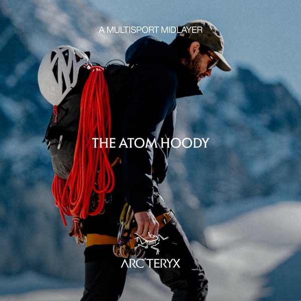 This ad features a photograph of a male-presenting climber wearing the Atom Hoody, an Arc'teryx midlayer. The image