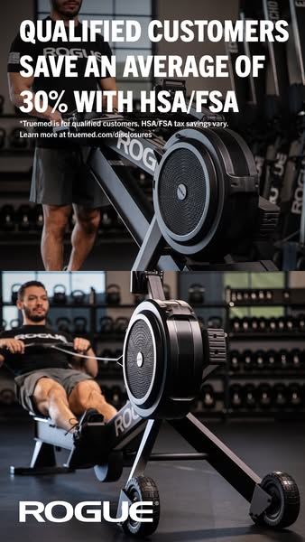 This image ad promotes Rogue Fitness equipment, specifically highlighting a rowing machine. The ad emphasizes potential 