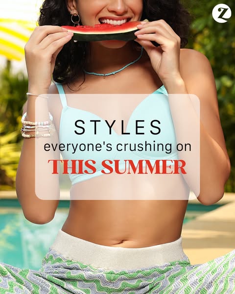 This ad features a woman in swimwear smiling and eating watermelon to promote Zivame's summer styles. The ad targets