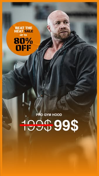 This ad showcases a grey 'Pro Gym Hood' sweatshirt being modeled by a muscular man in a gym setting. The ad prom
