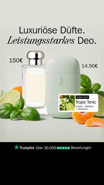 This image ad showcases two products: a luxurious perfume priced at 150€ and a Fussy brand deodorant at 14.50€. It also 
