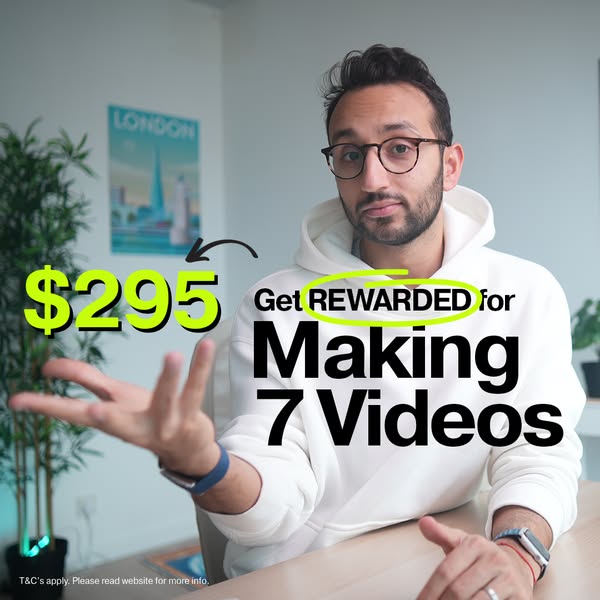 A man poses in front of a camera to promote a video creation platform. The ad claims users can get paid $295 for making 