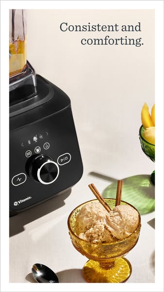 This image promotes a Vitamix blender by showcasing how it can be used to make homemade ice cream, highlighting the comf