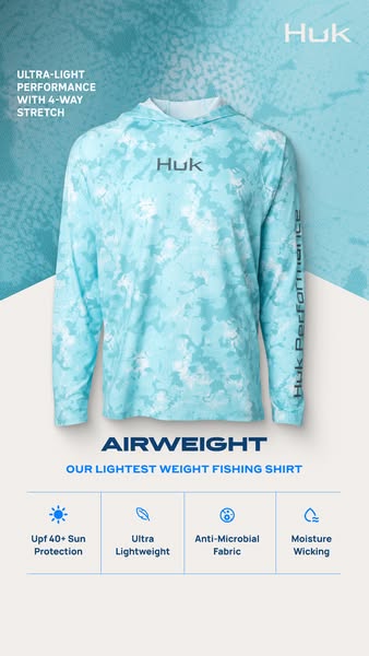This ad showcases the Huk Airweight fishing shirt, highlighting its ultra-light performance and features like UPF 40+ su