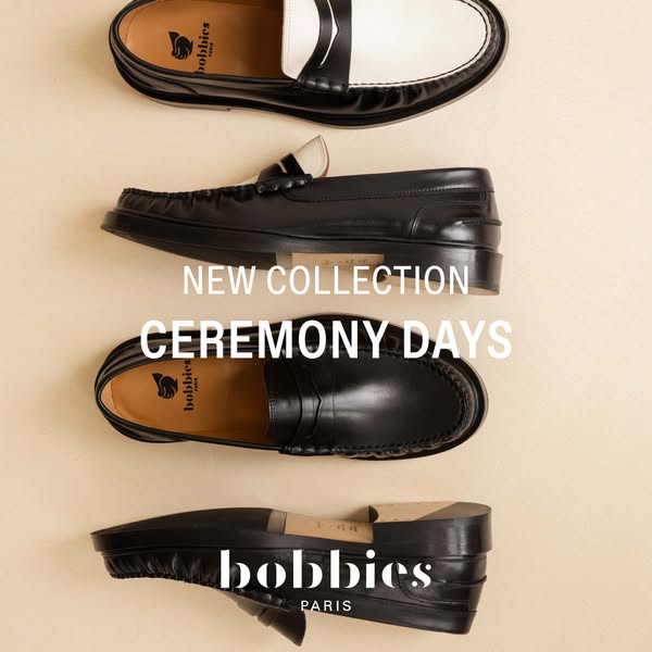 This ad showcases a new collection of Bobbies Paris loafers, presented in a simple, elegant arrangement to highlight the