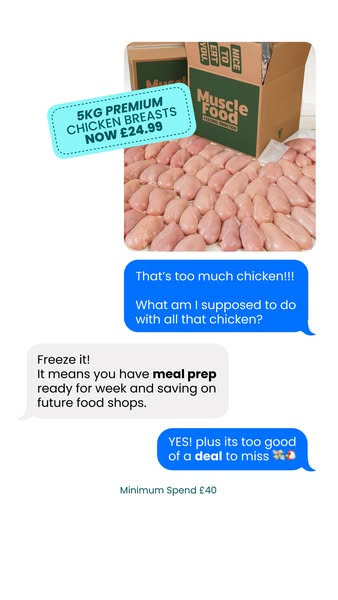 This ad features what appears to be a text message conversation between two people reacting to a large amount of chicken