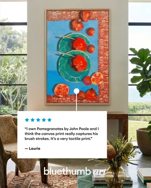 This ad features a customer testimonial for bluethumb art. The testimonial praises the canvas print of a piece called &#