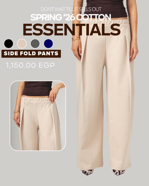 This image ad showcases beige, side-fold pants from Spring '26 Cotton Essentials. The ad aims to drive purchase by e