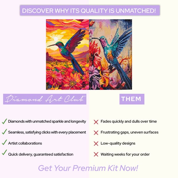 This is a comparison ad for Diamond Art Club. The ad features two images of the same diamond painting, with the left ima