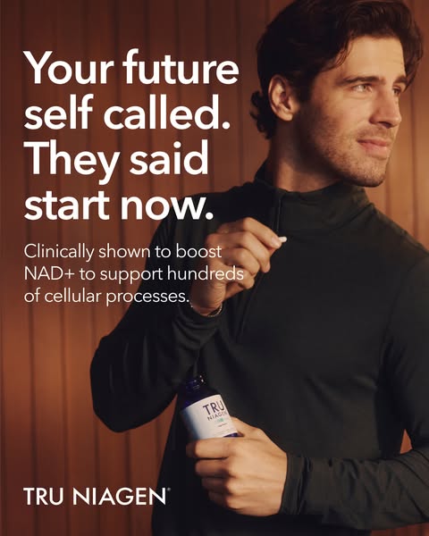 Image ad for Tru Niagen featuring a man holding the supplement bottle and pill and encouraging the viewer to 'start 