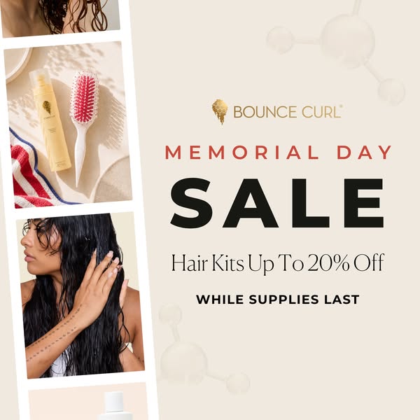 This image ad for Bounce Curl promotes a Memorial Day sale, offering up to 20% off on hair kits. It uses a collage-style