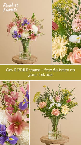 This ad for Freddie's Flowers features a collage of four images: close ups of various bouquets in clear glass vases 