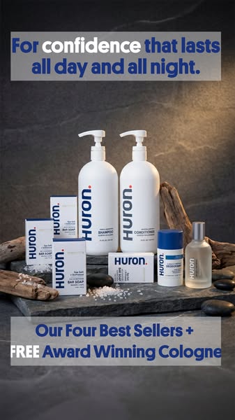 This ad showcases Huron's four best-selling products, including a free award-winning cologne. The ad emphasizes the 