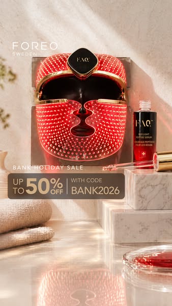This ad is promoting a sale for FOREO's FAQ line of beauty tech, including the FAQ 201 mask.