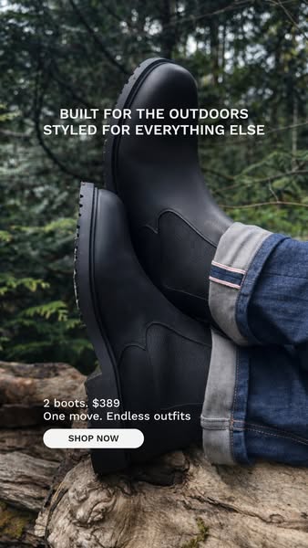 This image ad showcases a pair of black boots, emphasizing their versatility for both outdoor activities and everyday st