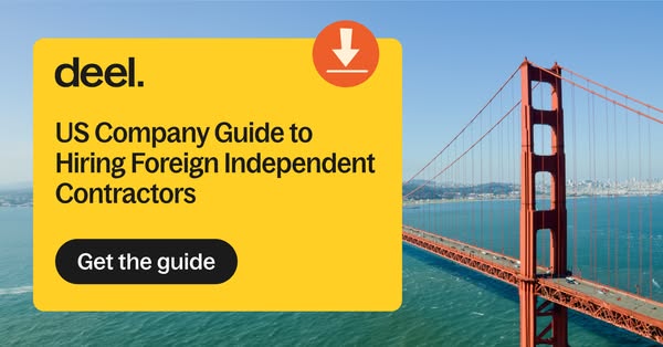 This ad promotes a guide for US companies looking to hire foreign independent contractors. It features a bright yellow b