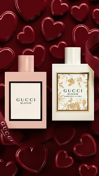This image features two different bottles of Gucci Bloom perfume against a red background with heart decorations, emphas