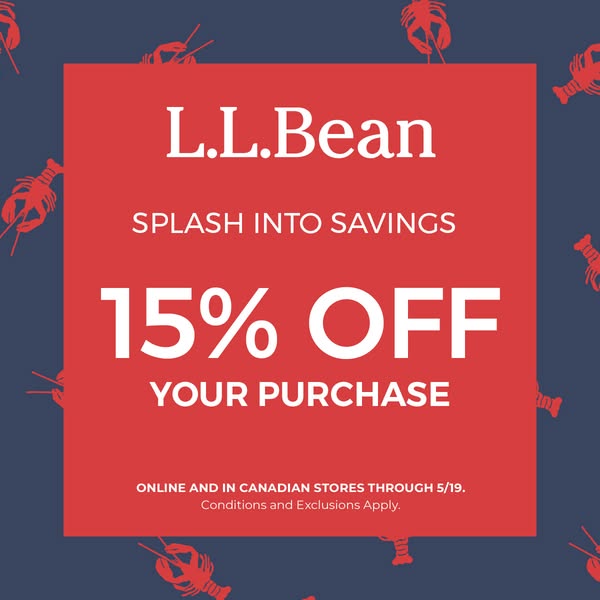 This is a digital ad by L.L.Bean offering a 15% discount on all purchases. The ad is designed with a repeating lobster p