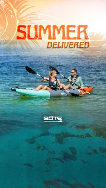 This image ad is designed to promote BOTE's summer sale by showing two people kayaking on the ocean.