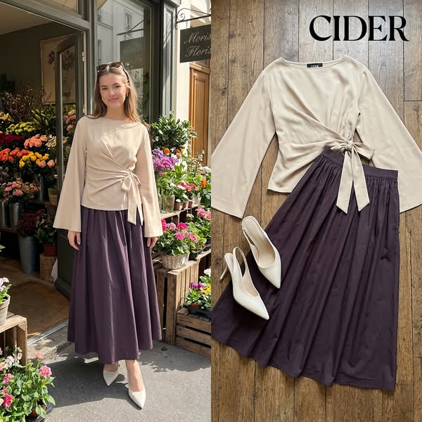 This ad for Cider features a woman in an outfit in front of a flower shop, and then the outfit laid on a wooden surface.