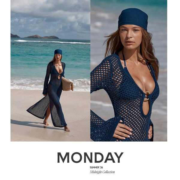 This image features a woman in a navy blue dress on a beach, advertising the brand's Midnight Collection.