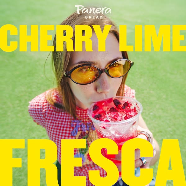 This ad for Panera Bread features the Cherry Lime Fresca drink. The ad's visuals include a young woman drinking the 