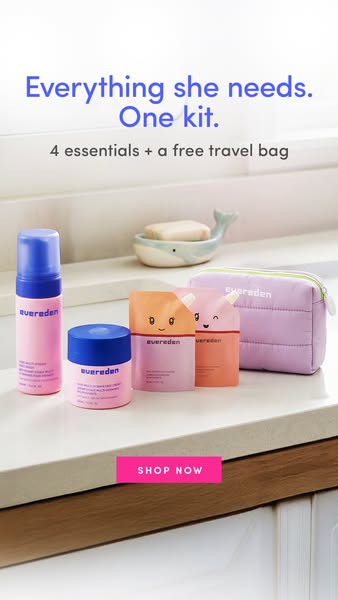 Image ad for Evereden featuring a kit of four skincare essentials and a free travel bag, targeting women looking for con