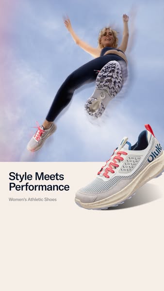 This ad for Olukai athletic shoes shows a woman jumping in the air, with one foot pointed down towards the viewer, and t