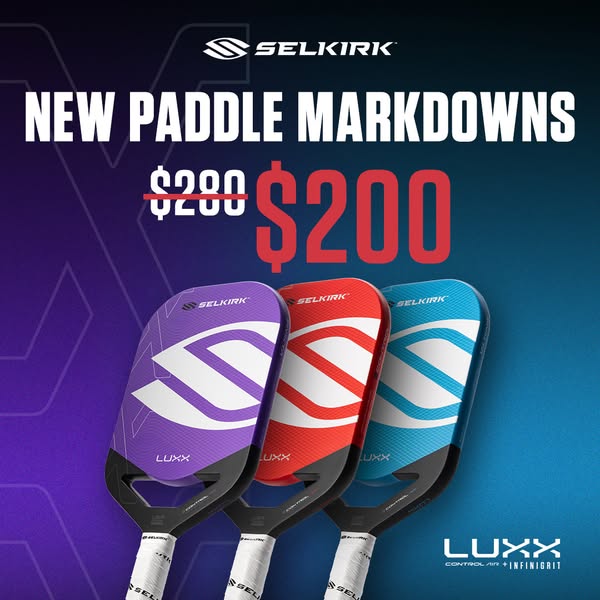 Image ad for Selkirk brand pickleball paddles featuring discounted pricing on new paddles.