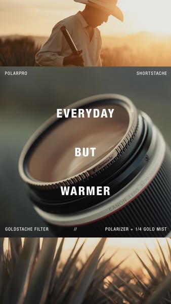 This ad highlights the PolarPro GoldStache filter and Polarizer + 1/4 Gold Mist filter, emphasizing their ability to enh