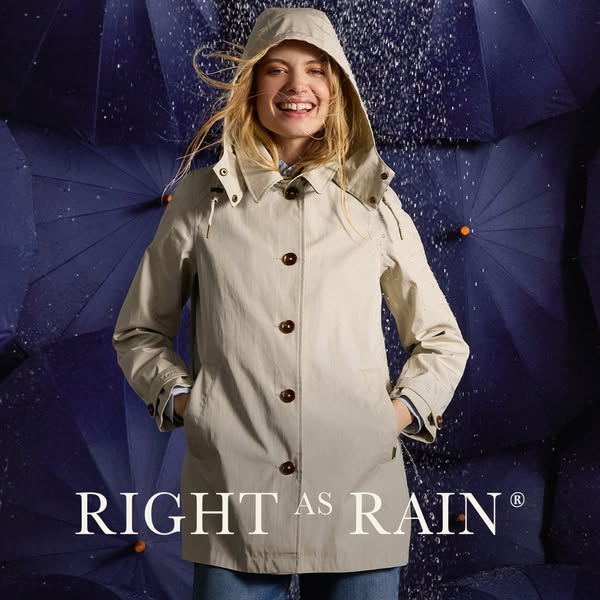 This ad showcases a woman wearing a beige raincoat in a rain setting. The ad emphasizes the suitability of the product f