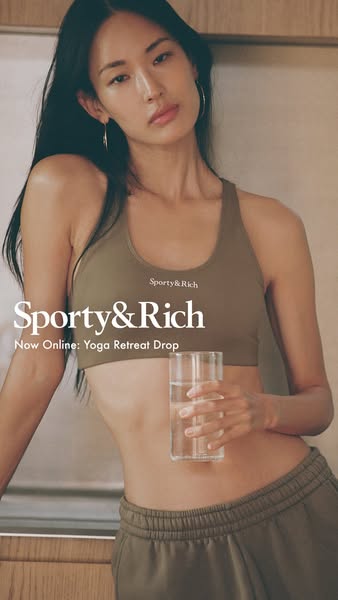 This ad focuses on a Sporty & Rich Yoga Retreat clothing line featuring a portrait of an Asian woman holding a glass