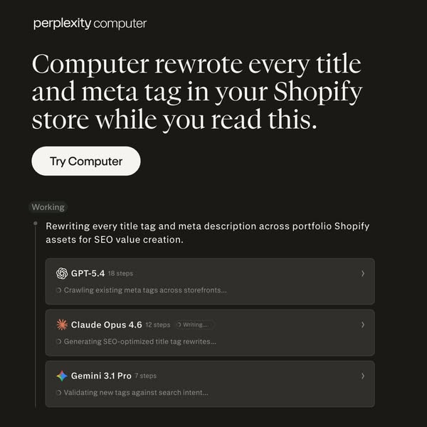 This ad showcases the speed of Perplexity's AI rewriting the title and meta tags for your Shopify store. It highligh