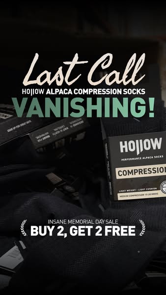 This image ad is for Hojiow alpaca compression socks. The ad emphasizes the socks are vanishing and the insane memorial 