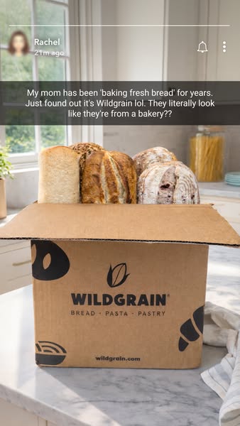This ad features user-generated content with a testimonial-style quote overlaid on top. The ad showcases Wildgrain's