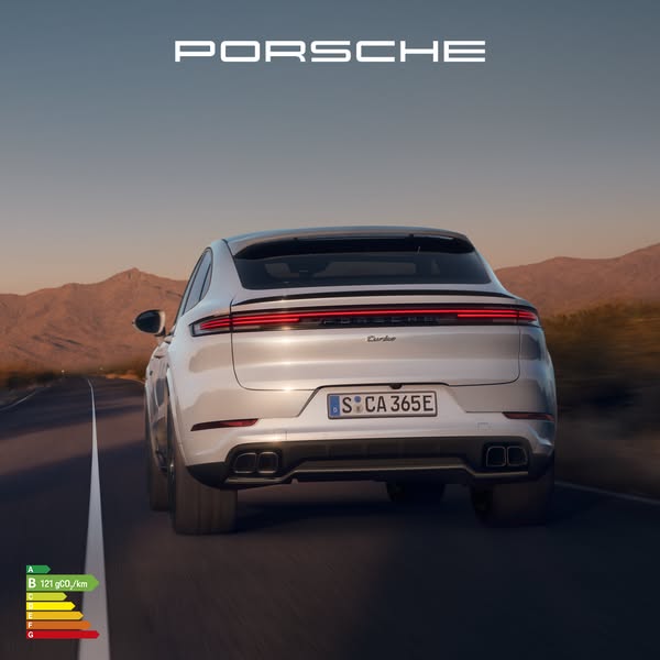 This ad features the back of a white Porsche driving on a desert road. The ad highlights the car's design and perfor