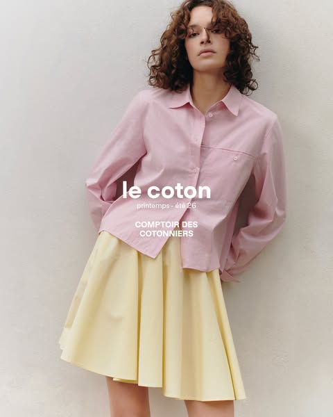 This ad for le coton features a young woman wearing a pink shirt and a yellow skirt. The ad is promoting the brand's