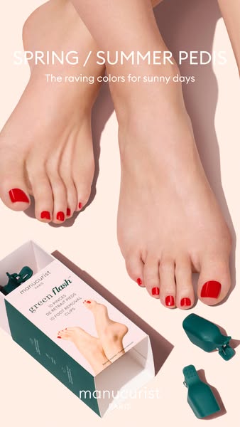 An ad promoting Manucurist's Green Flash nail polish system for creating sunny spring and summer pedicures. The ad s