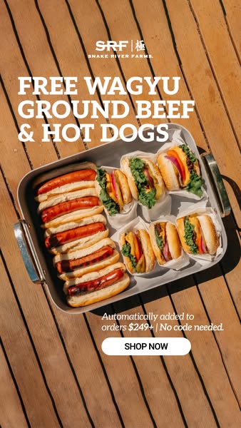 This ad for Snake River Farms promotes a free Wagyu ground beef and hot dog offer, which is automatically added to order